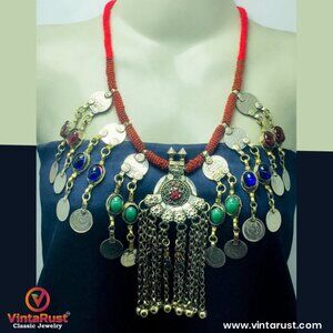 Dangling Coins and Stone Necklace, Beaded Necklace With Vintage Coins